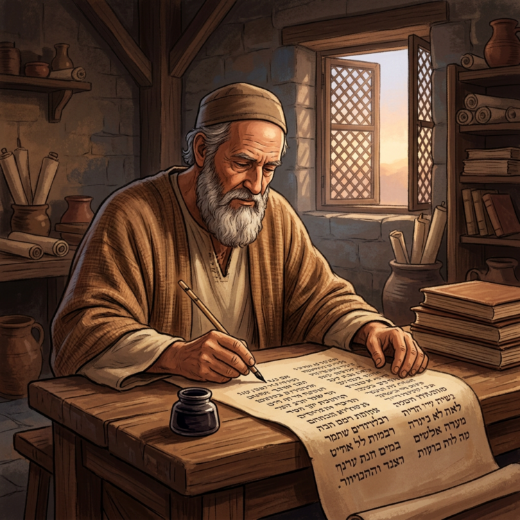 Elderly scribe writing Hebrew text on parchment at a wooden desk